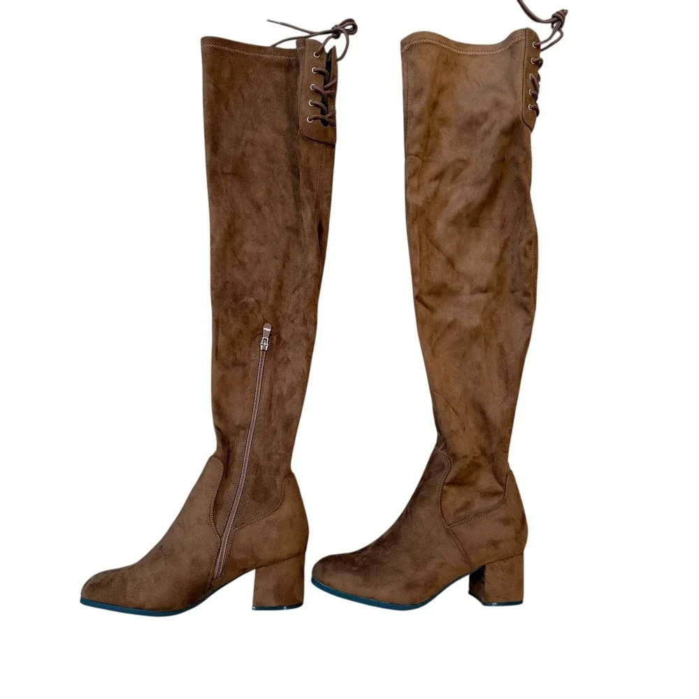 Dream Pairs Women Brown Suede‎ Block Heel Over The Knee Boots Size 8